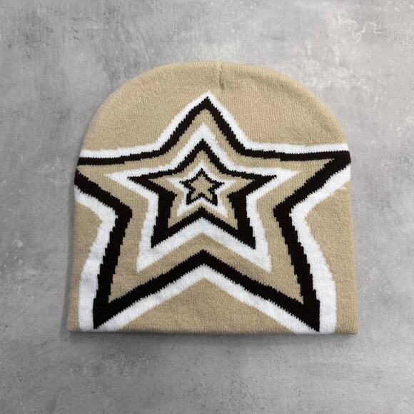 Cream and Brown Star Acrylic Graphic Beanie Hat - Picture 1 of 8